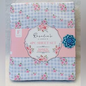 Rosalie’s Garden Blue Gingham Checked Pink Floral Roses Spring Sheet Set - Full